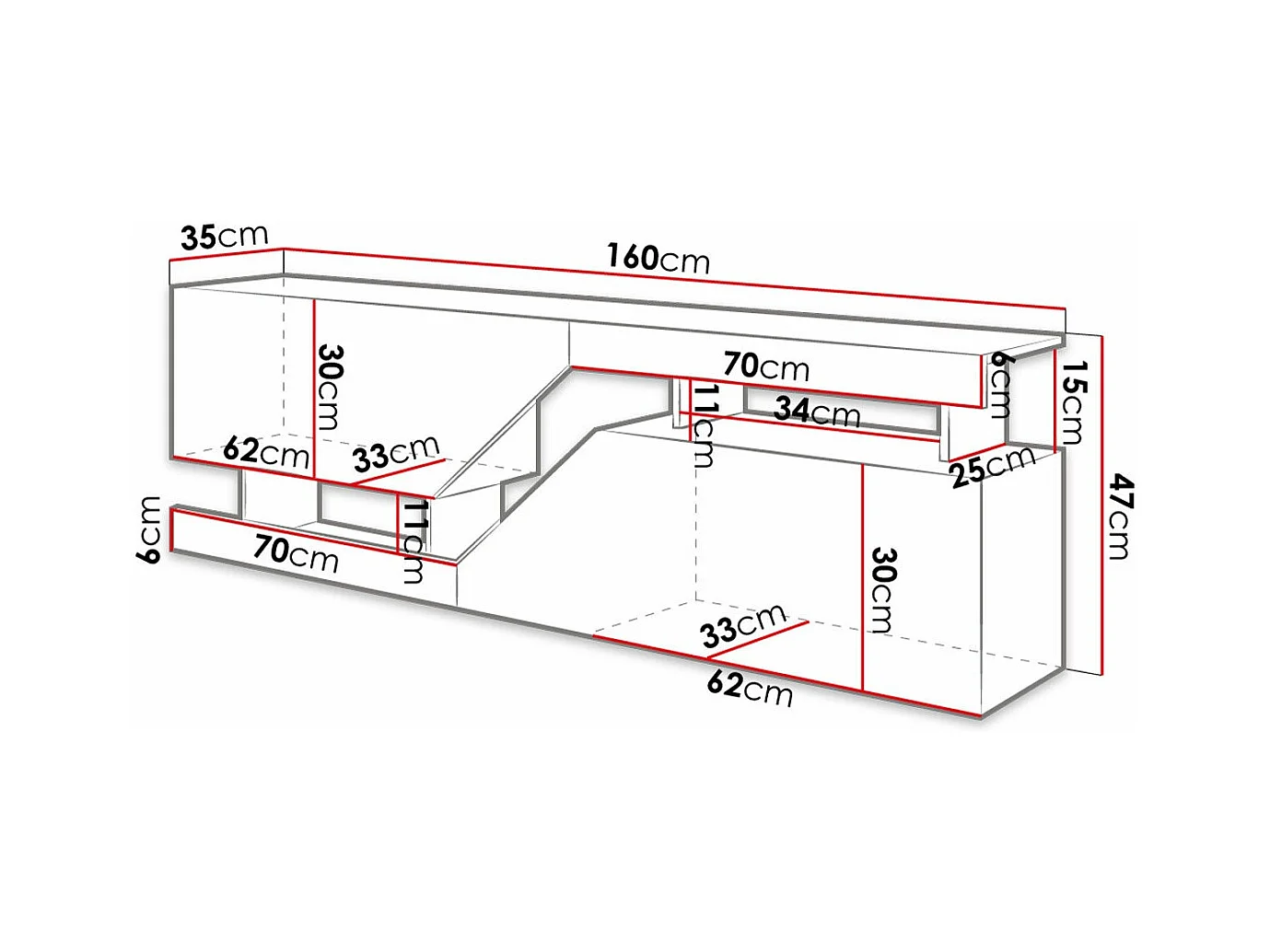 Meuble TV "Ceelias" - 160 x 46 x 35 cm - Blanc/Marron