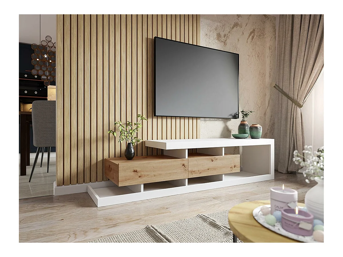 Meuble TV Utica 103, Blanc|Chêne wotan, Nombre de tiroirs: 2, 198x45x40cm