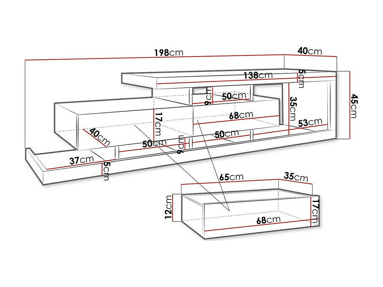 Meuble TV Utica 103, Chêne wotan|Blanc, Nombre de tiroirs: 2, 198x45x40cm