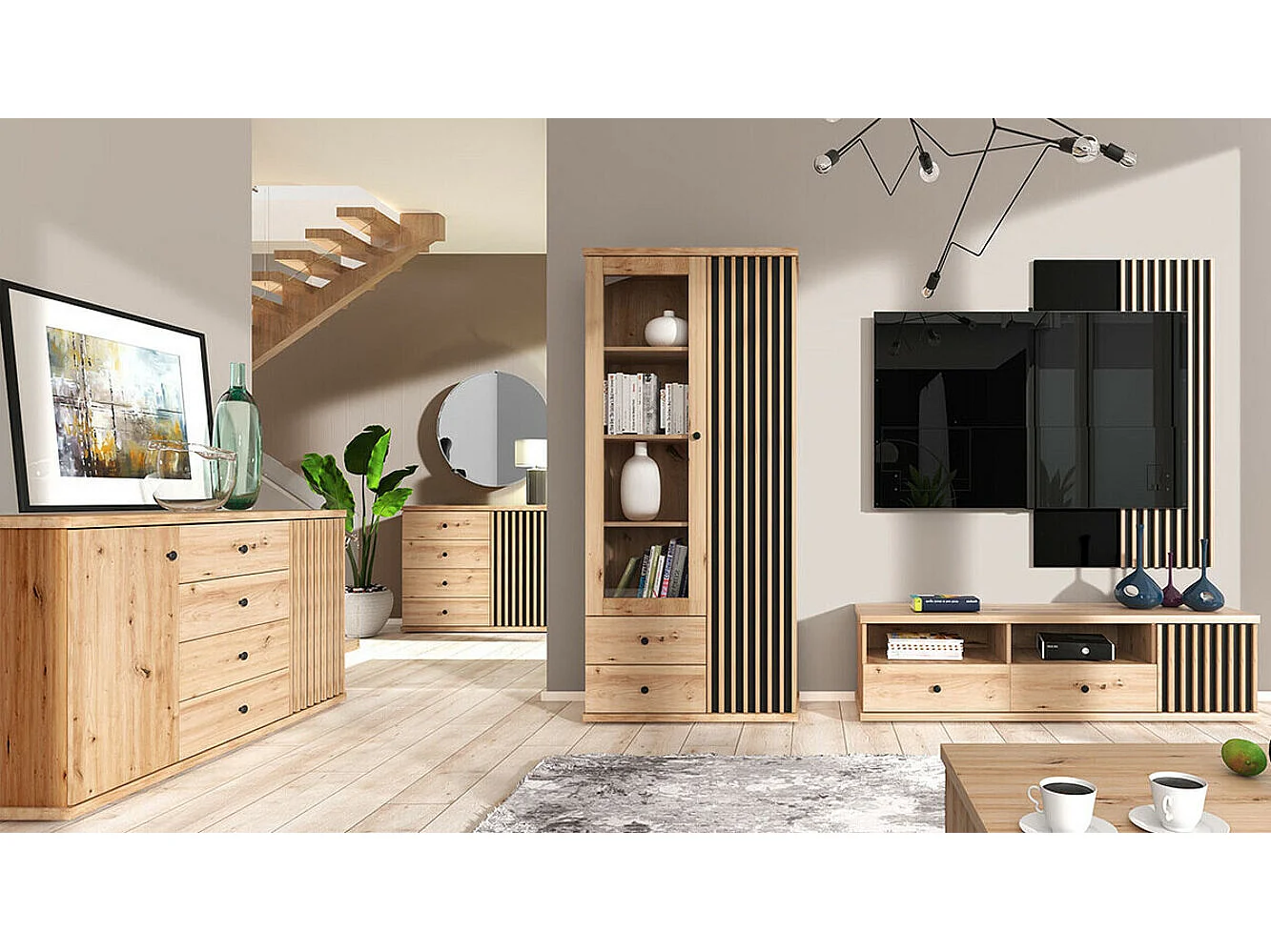 Meuble TV Venmava 105, Noir|Chêne Artisan, Le nombre de portes: 1, Nombre de tiroirs: 2,