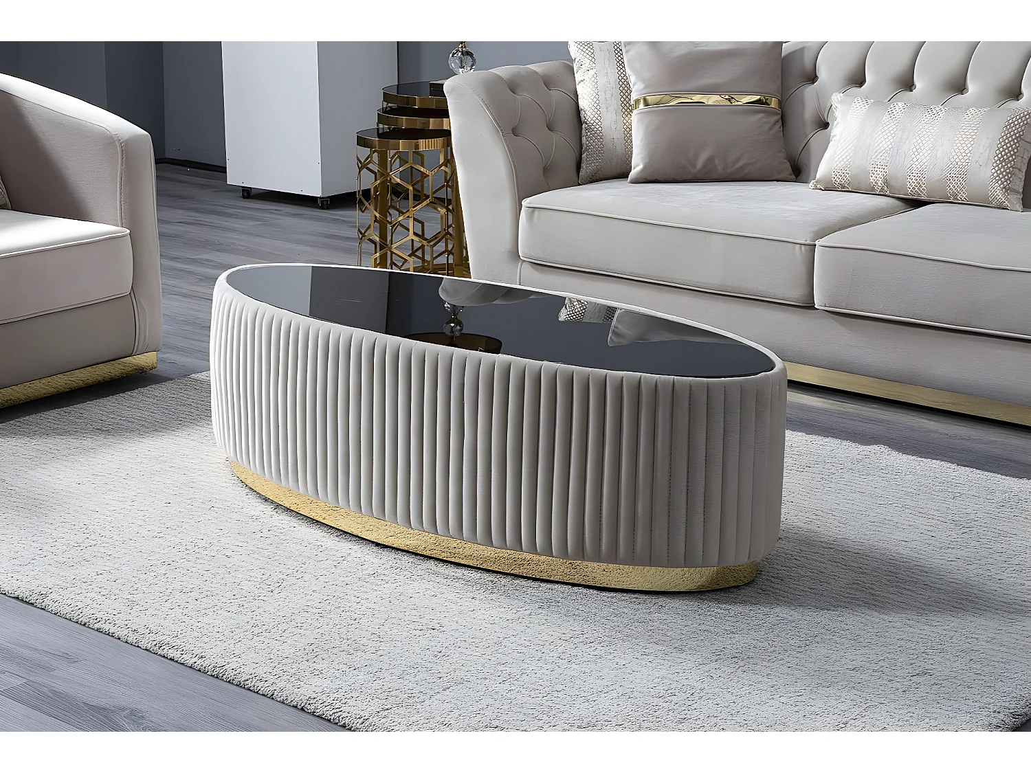 Table basse Grand/Tissu&Verre/Beige