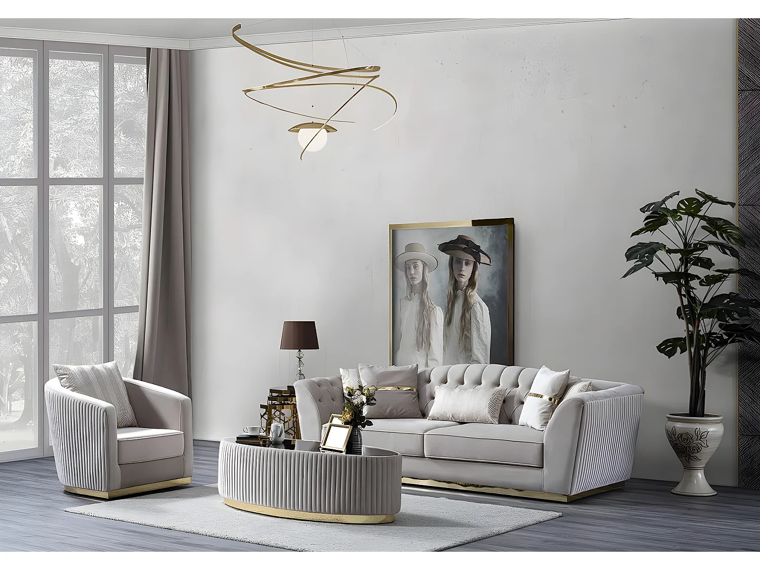 Table basse Grand/Tissu&Verre/Beige