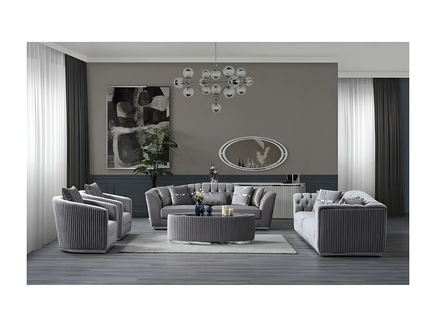 Table basse Grand/Tissu&Verre/Gris