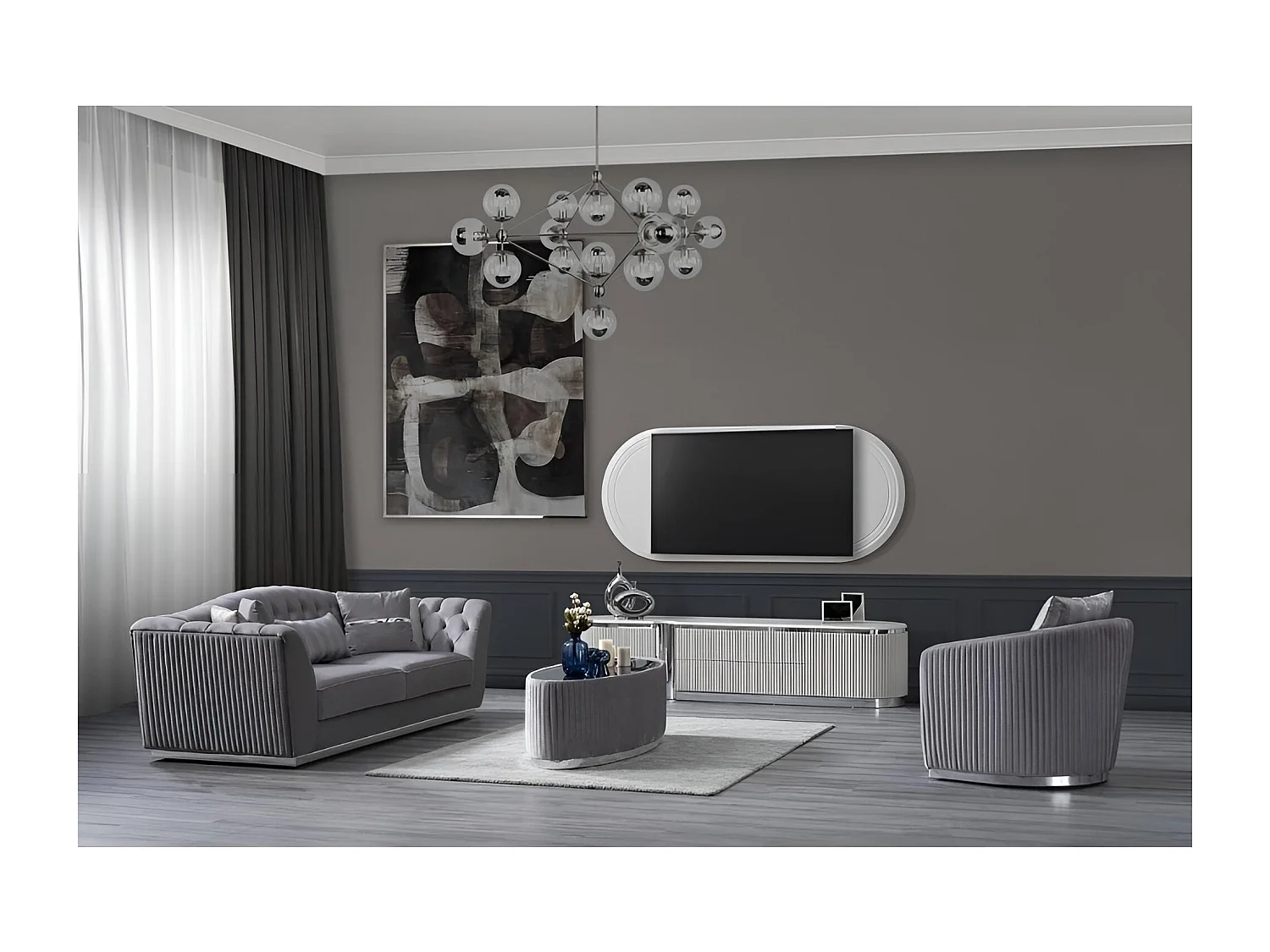 Table basse Grand/Tissu&Verre/Gris