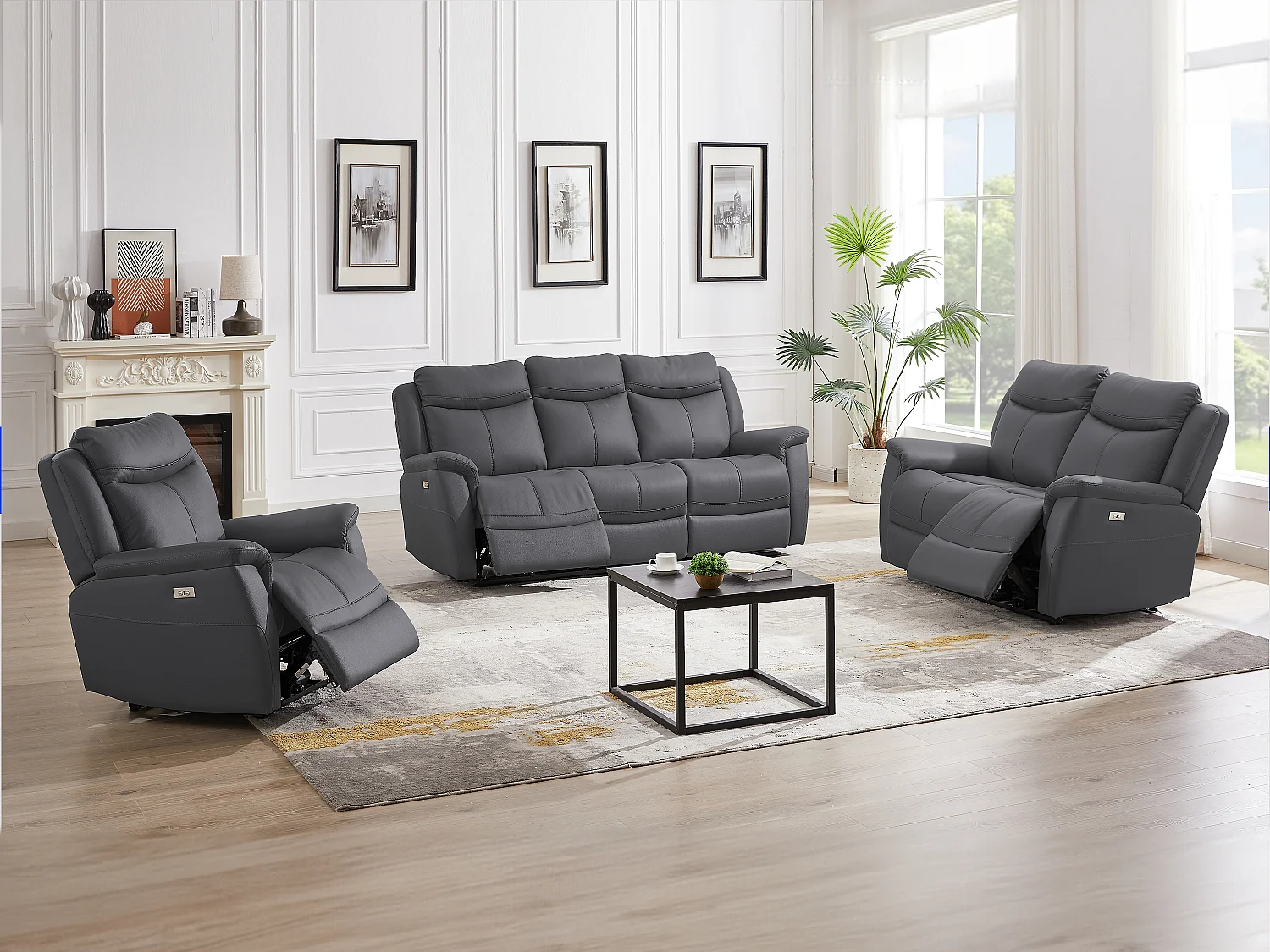 Relaxsofa 3-Sitzer, 2-Sitzer & Relaxsessel elektrisch - Rindsleder - Anthrazitgrau - NOMAJO
