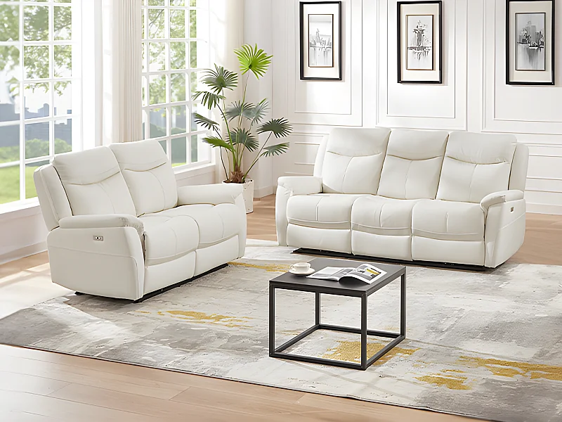 Canapé 3 places et 2 places relax électrique en cuir de vachette blanc NOMAJO