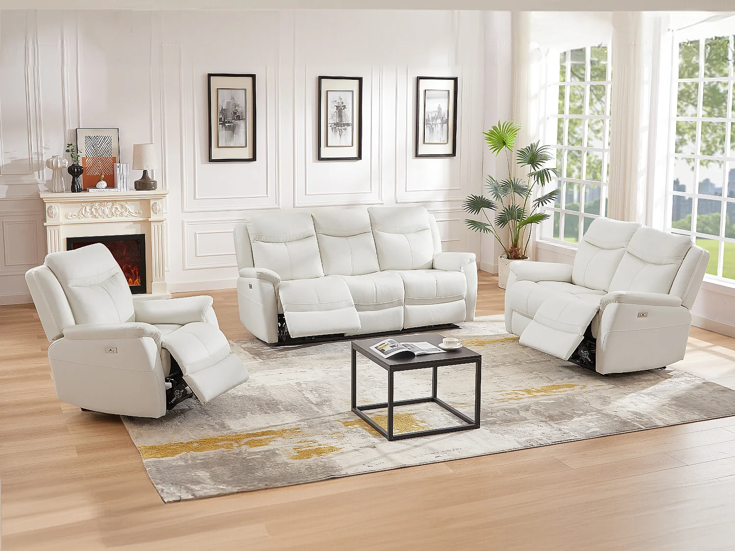 Relaxsofa 3-Sitzer & Relaxsessel elektrisch - Rindsleder - Weiß - NOMAJO