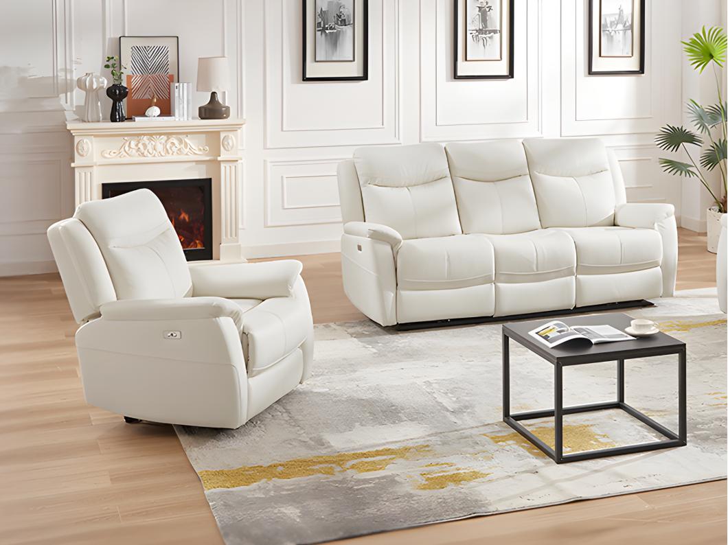 Canapé 3 places et fauteuil relax électrique en cuir de vachette blanc NOMAJO
