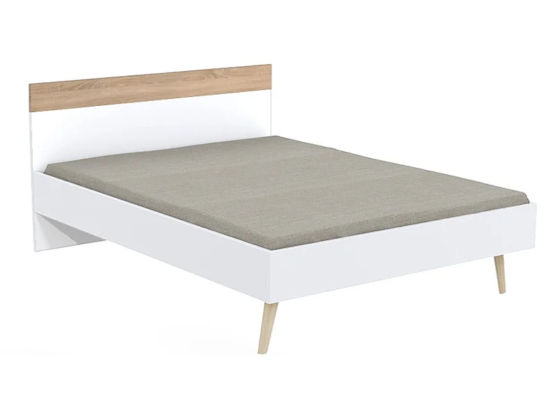 Lit double 140x190cm, blanc et chêne blanchi