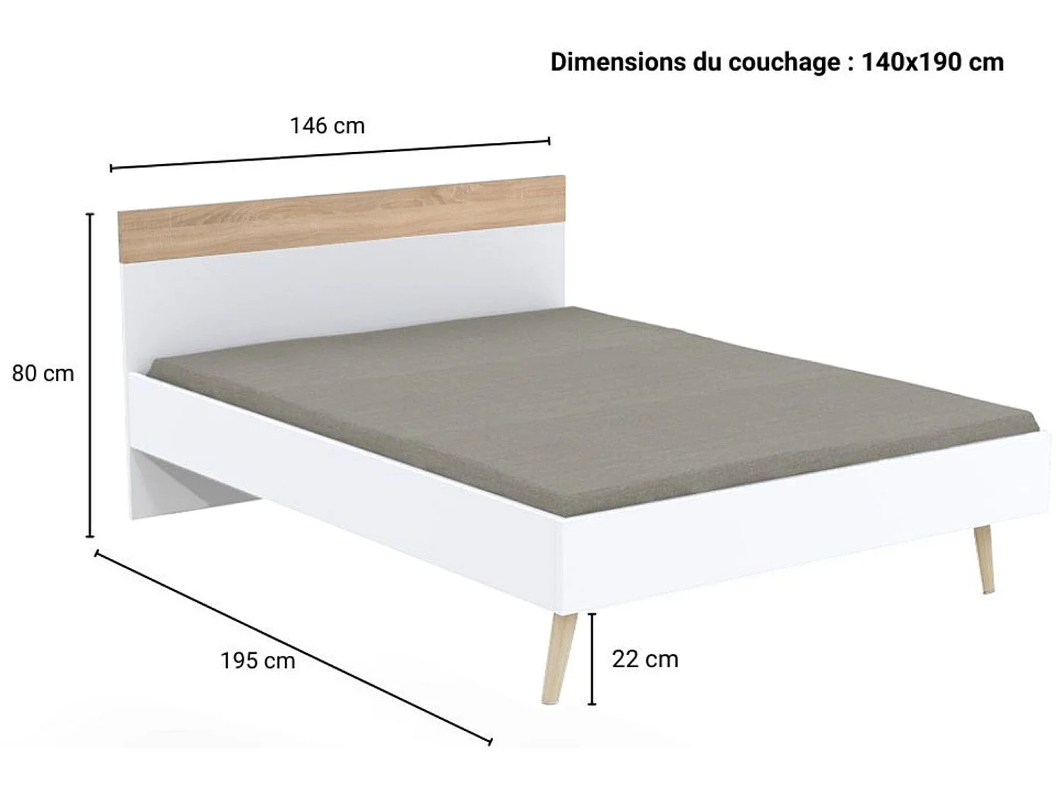 Lit double 140x190cm, blanc et chêne blanchi