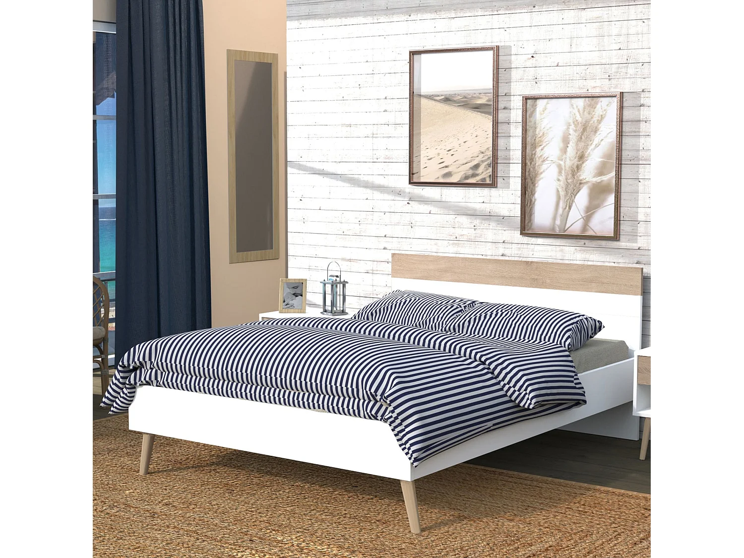 Lit double 140x190cm, blanc et chêne blanchi