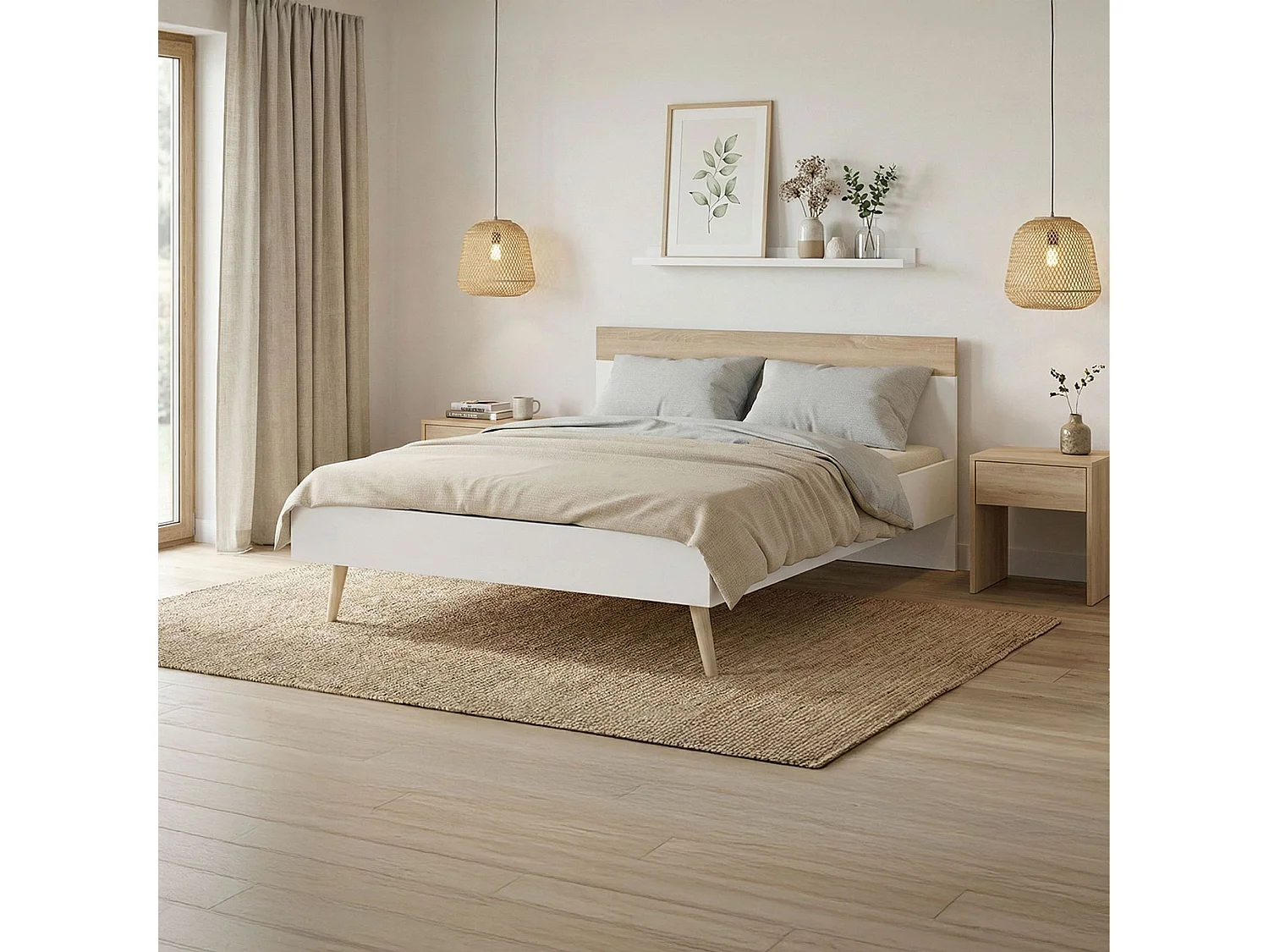 Lit double 140x190cm, blanc et chêne blanchi