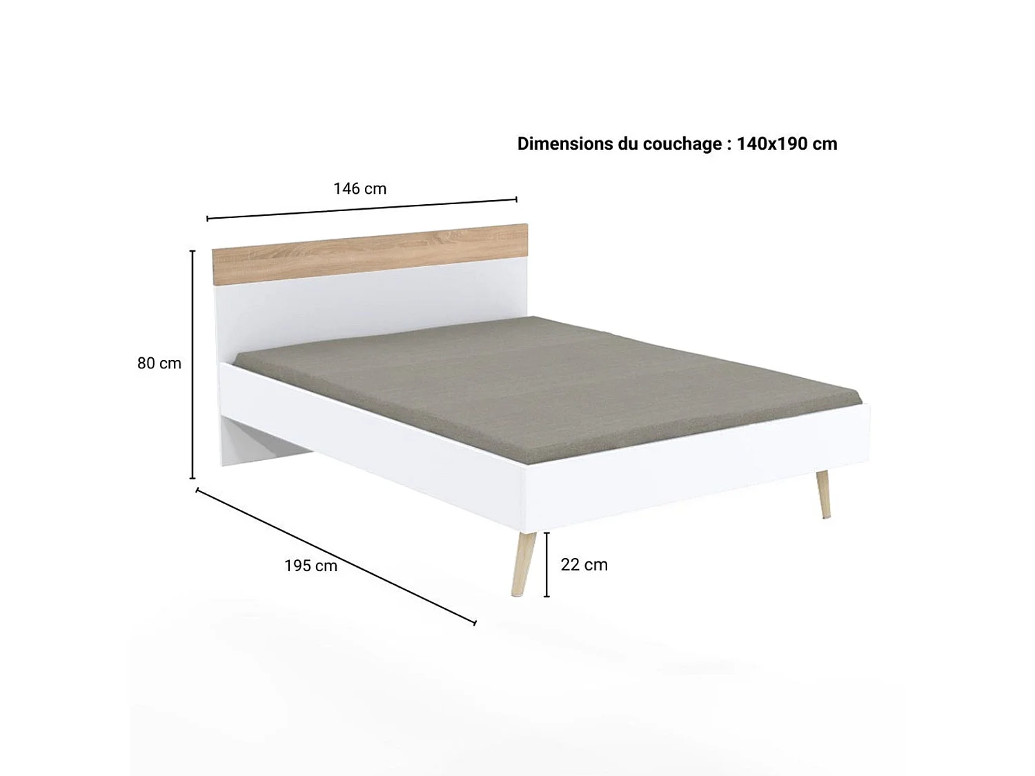 Lit double 140x190cm, blanc et chêne blanchi