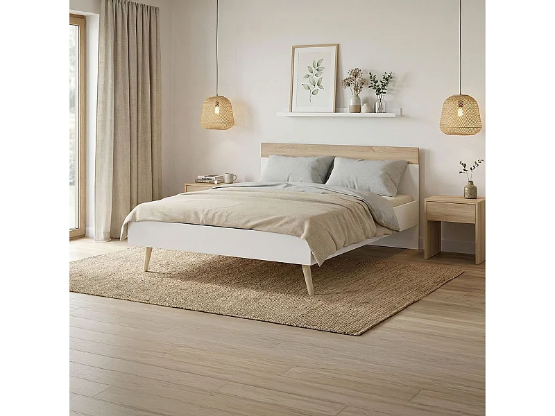 Lit double 140x190cm, blanc et chêne blanchi