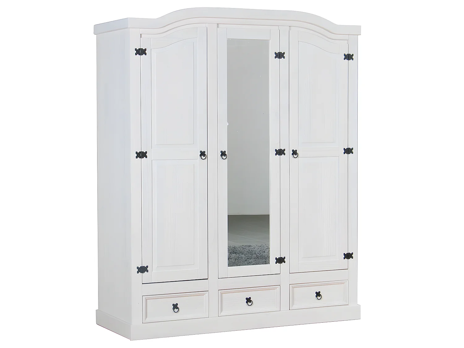 New Mexico Kleiderschrank 3 türig mit einer Spiegeltür, 2 getäfelten Türen und 3 Schubladen in weiß, gewachst.