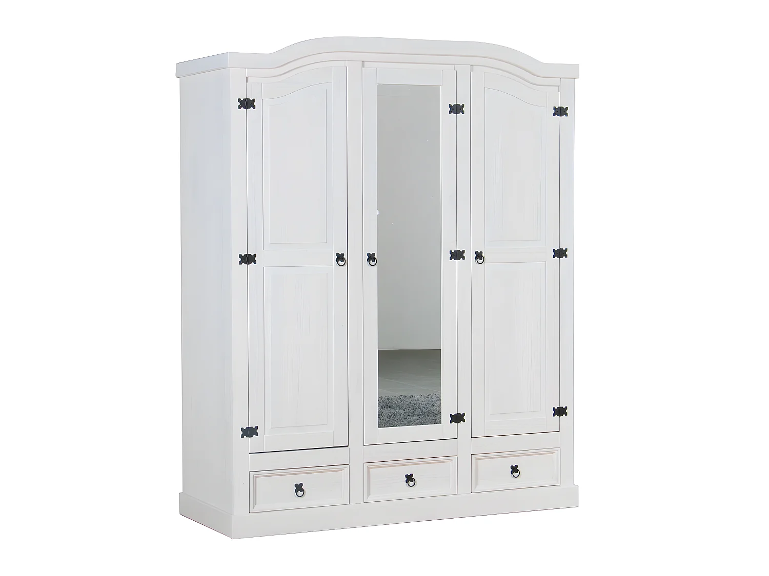 New Mexico Armoire 3 portes avec une porte miroir, 2 portes lambrissées et 3 tiroirs, en blanc ciré.