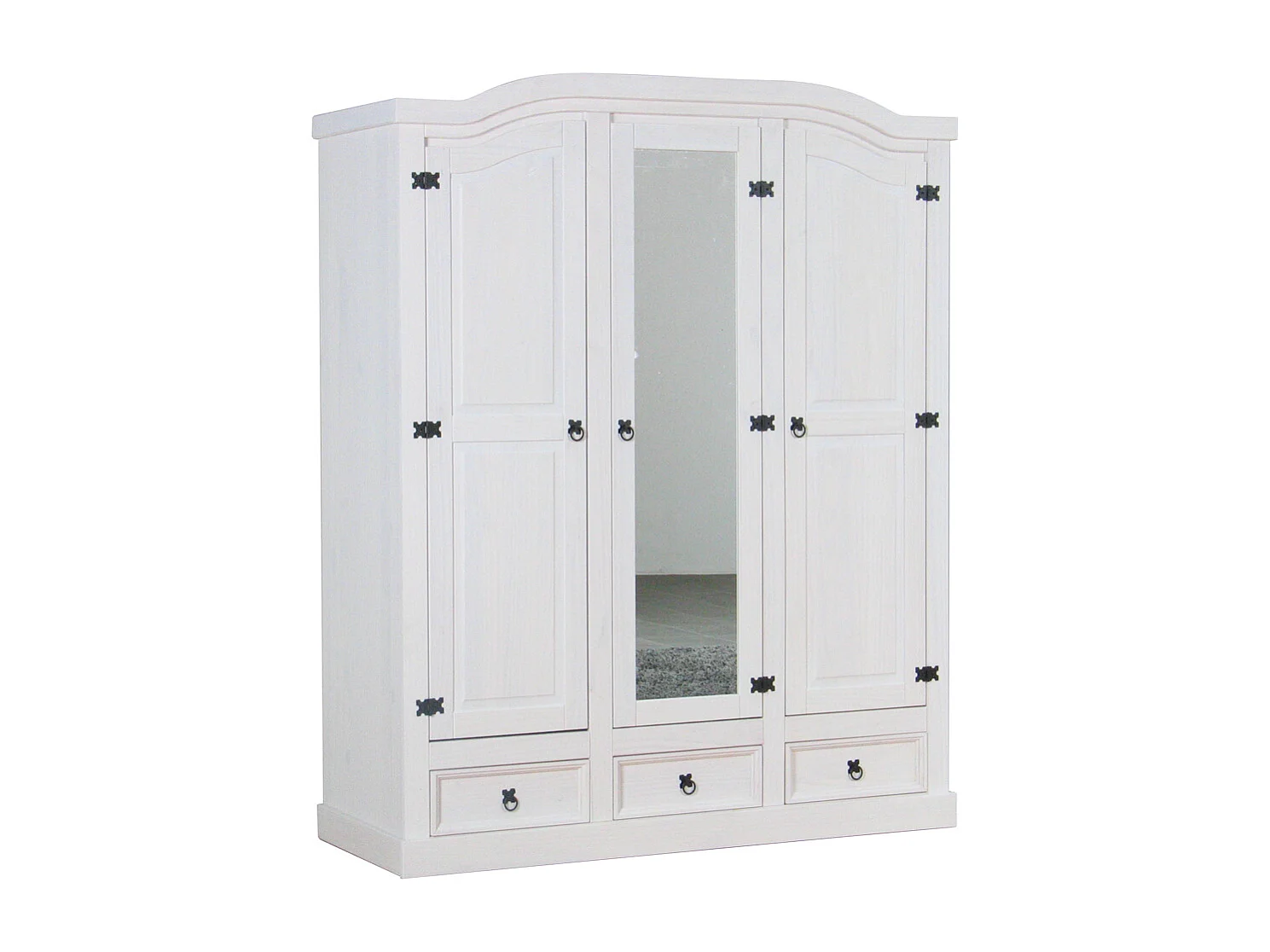 New Mexico Armoire 3 portes avec une porte miroir, 2 portes lambrissées et 3 tiroirs, en blanc ciré.