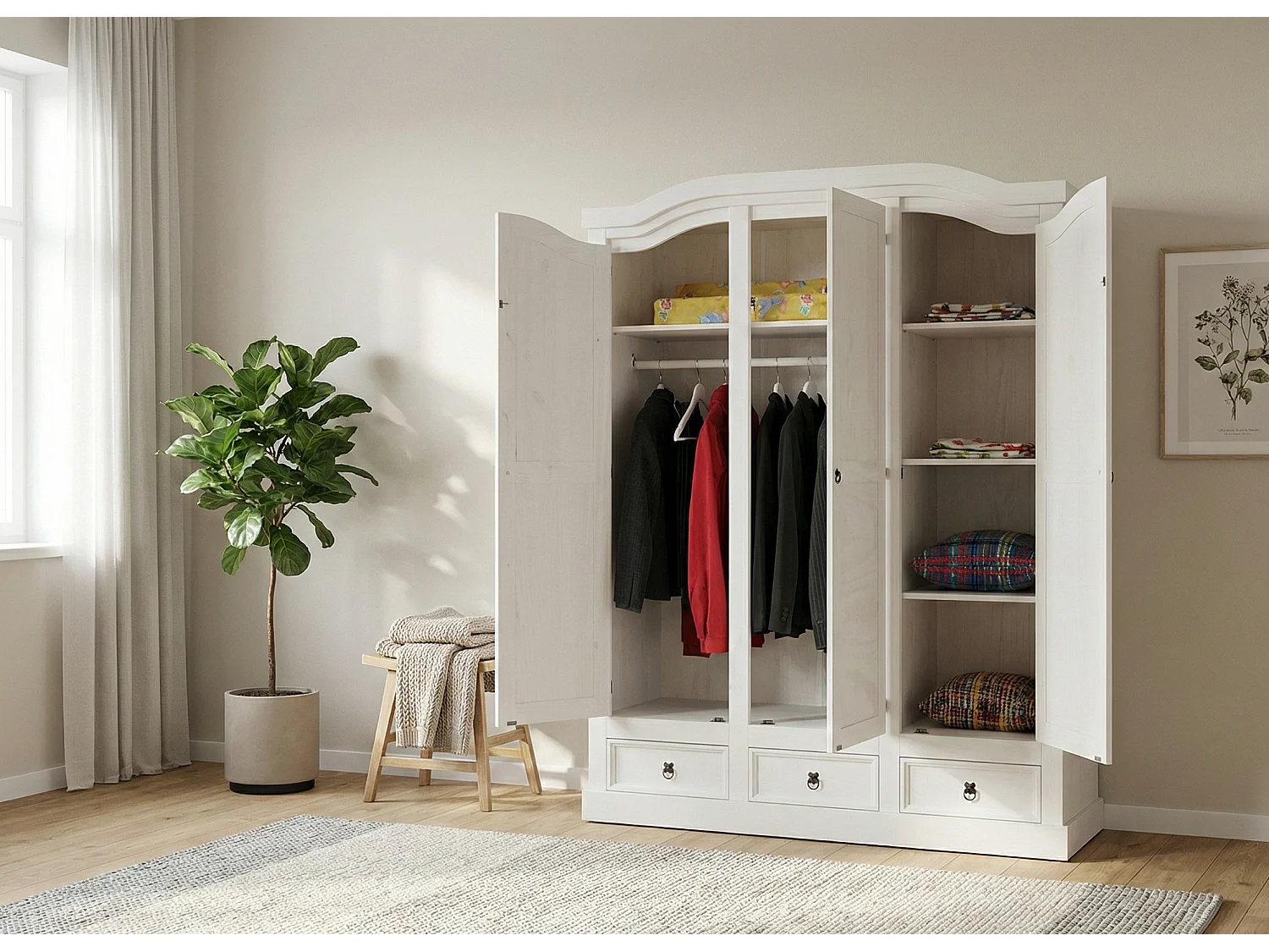 New Mexico Armoire 3 portes avec une porte miroir, 2 portes lambrissées et 3 tiroirs, en blanc ciré.