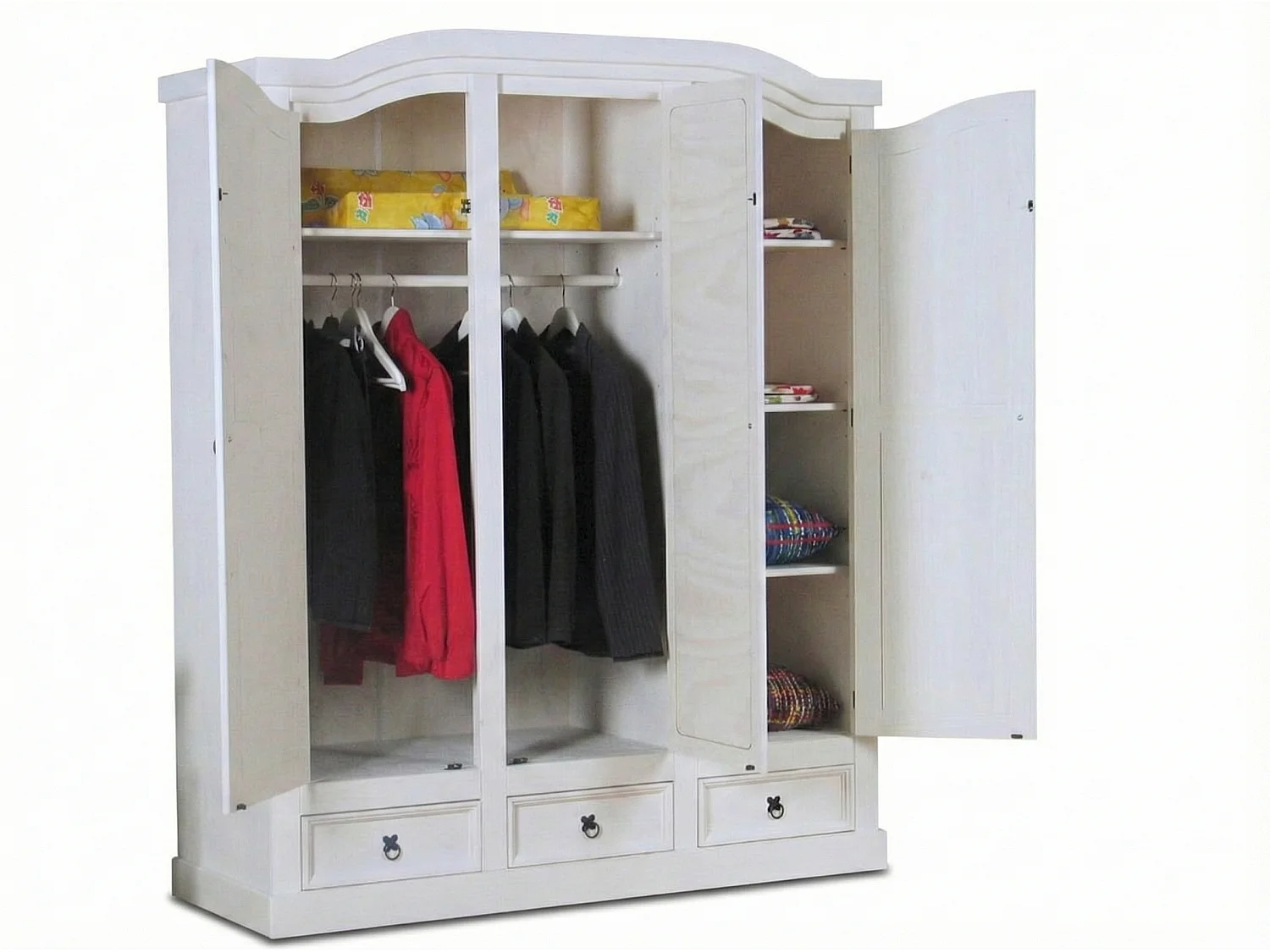 New Mexico Armoire 3 portes avec une porte miroir, 2 portes lambrissées et 3 tiroirs, en blanc ciré.