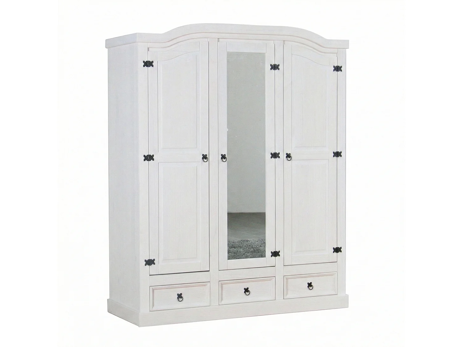 New Mexico Armoire 3 portes avec une porte miroir, 2 portes lambrissées et 3 tiroirs, en blanc ciré.