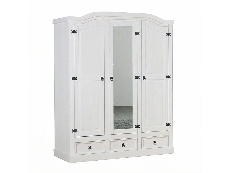 New Mexico Armoire 3 portes avec une porte miroir, 2 portes lambrissées et 3 tiroirs, en blanc ciré.