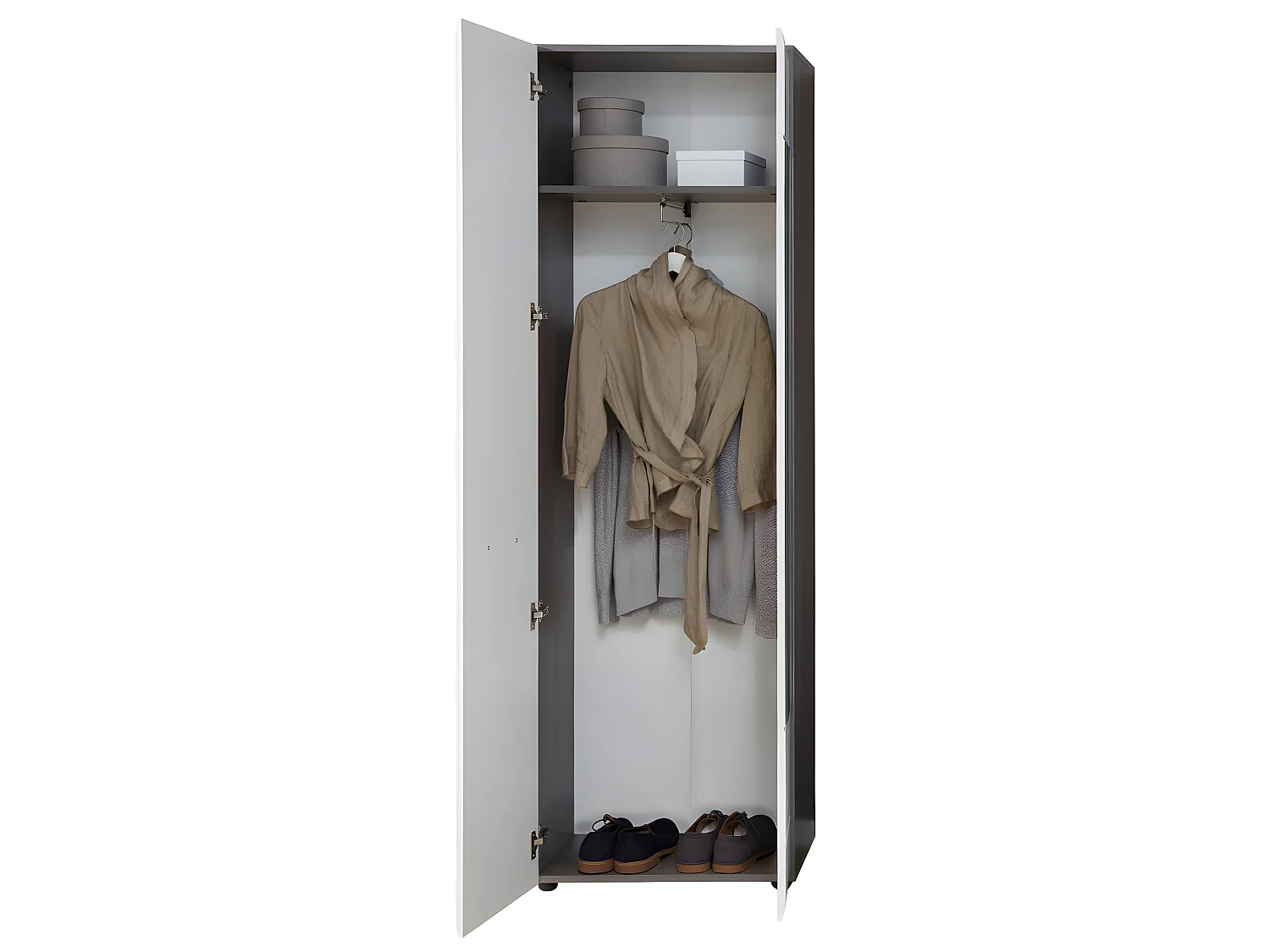 LineGD Garderobenschrank 2 Türen rauchsilber, weiß Hochglanz.