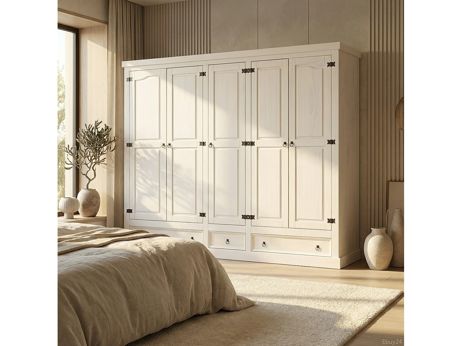New Mexico Armoire 5 tiroirs avec 3 tiroirs , largeur 244 cm, hauteur 195 cm, blanc/cire.