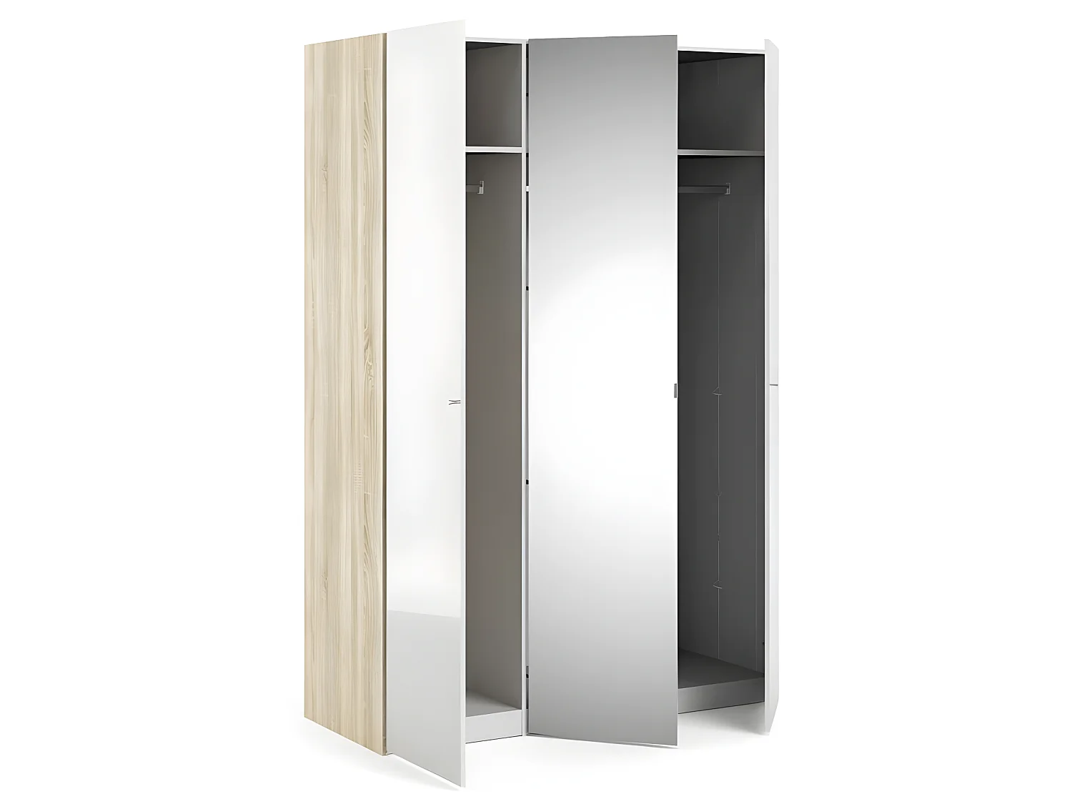 Saskia Armoire 1 porte miroir et 2 portes. Teinte blanc brillant et chêne.