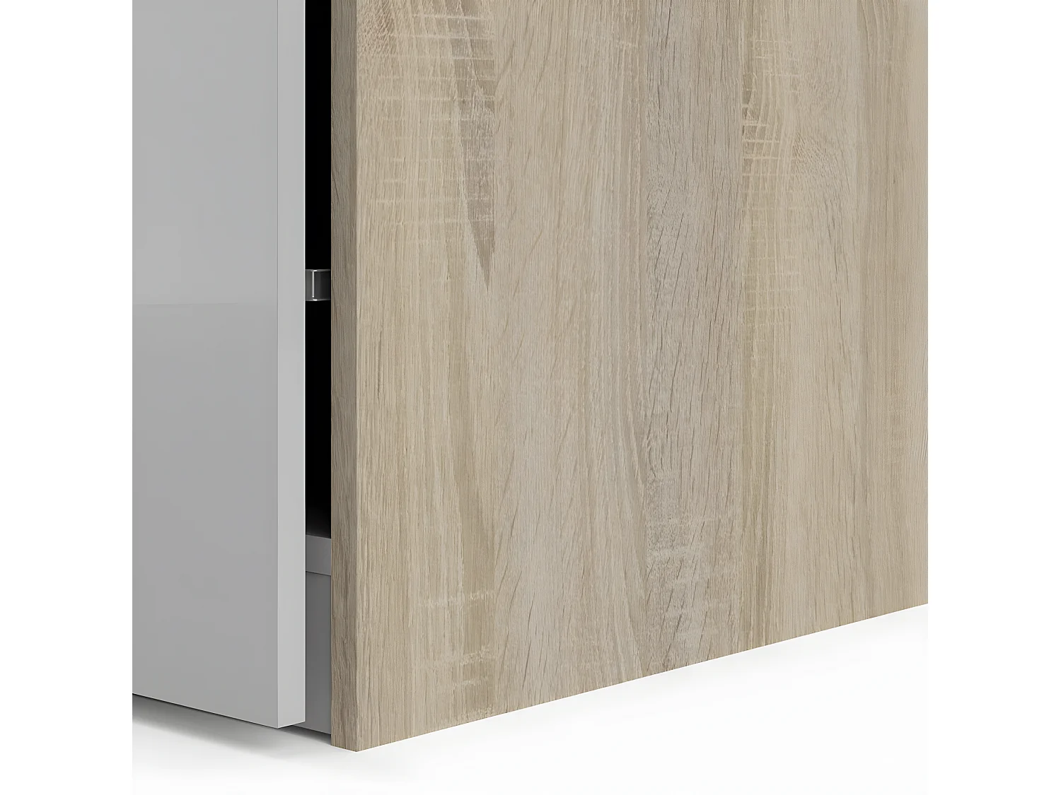 Saskia Armoire 1 porte miroir et 2 portes. Teinte blanc brillant et chêne.