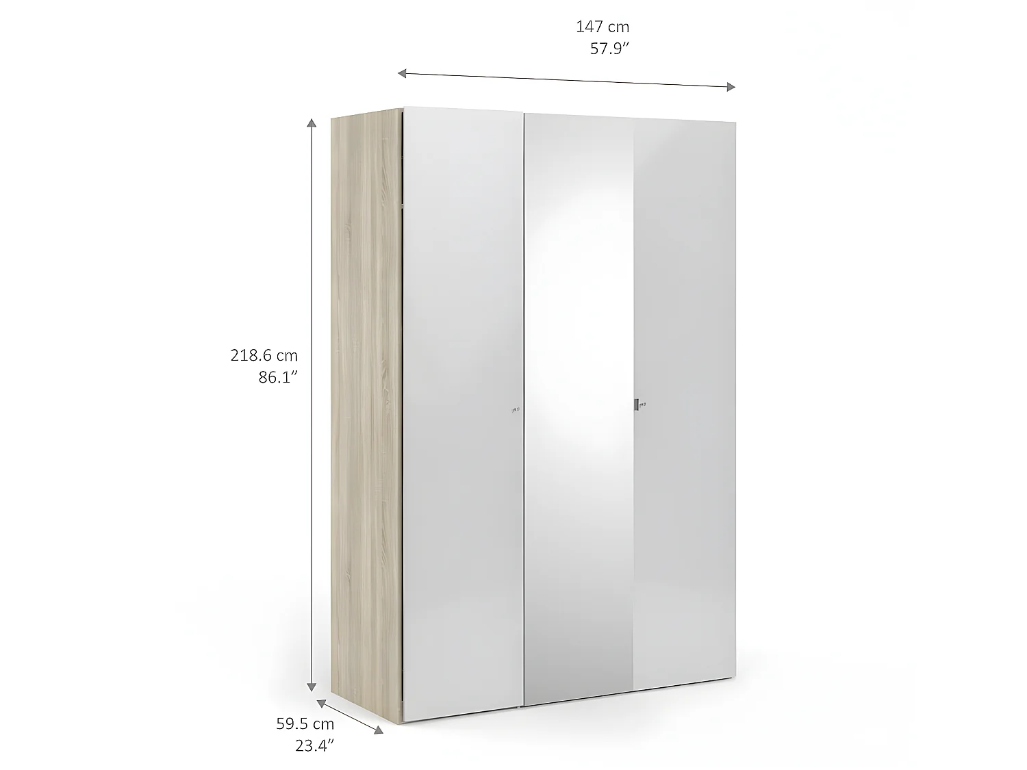 Saskia Armoire 1 porte miroir et 2 portes. Teinte blanc brillant et chêne.