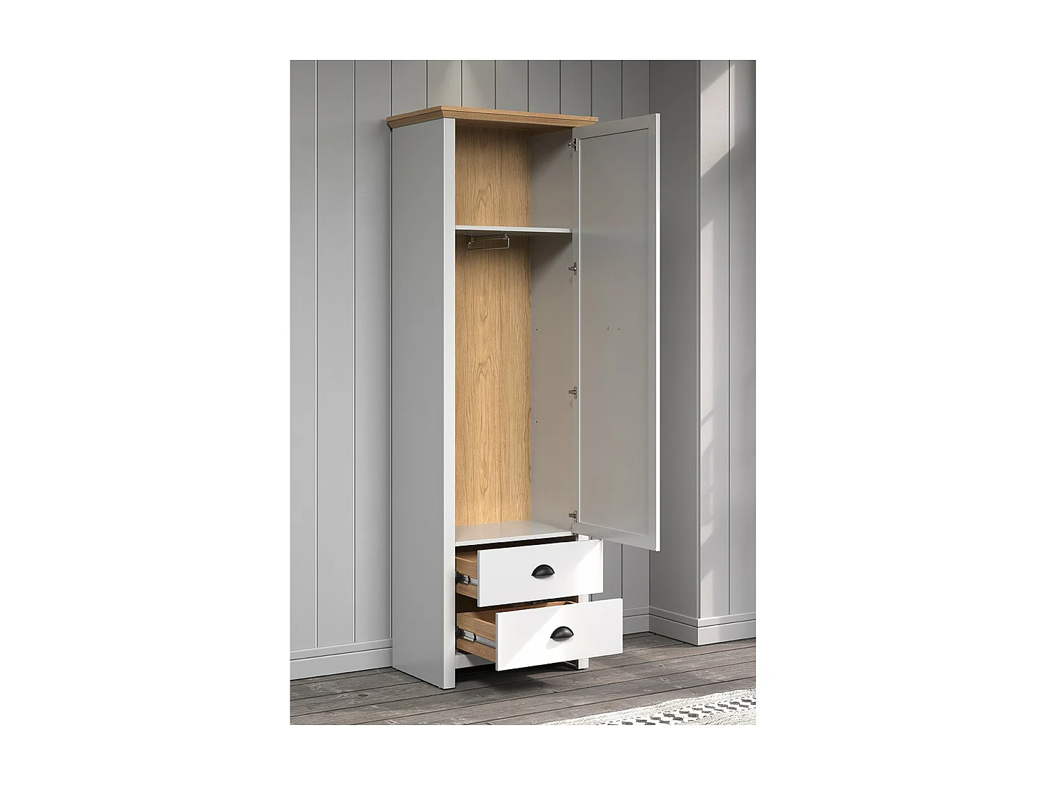 Landside Kleiderschrank 1 Tür, 2 Schubladen, grau.