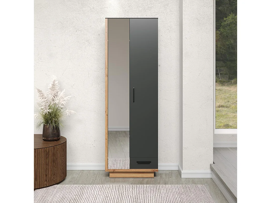 Synnax kledingkast 1 groot deur, 1 klein deur, 1 lade grijs,eik decor.