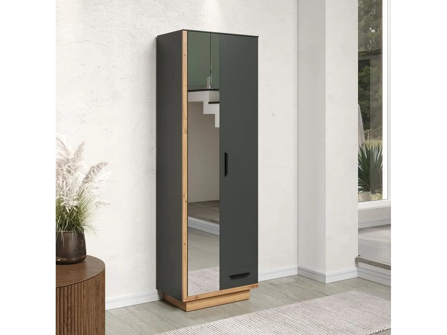 Synnax armoire de rangement 1 grand porte, 1 petit porte, 1 tiroir gris,chêne décor.