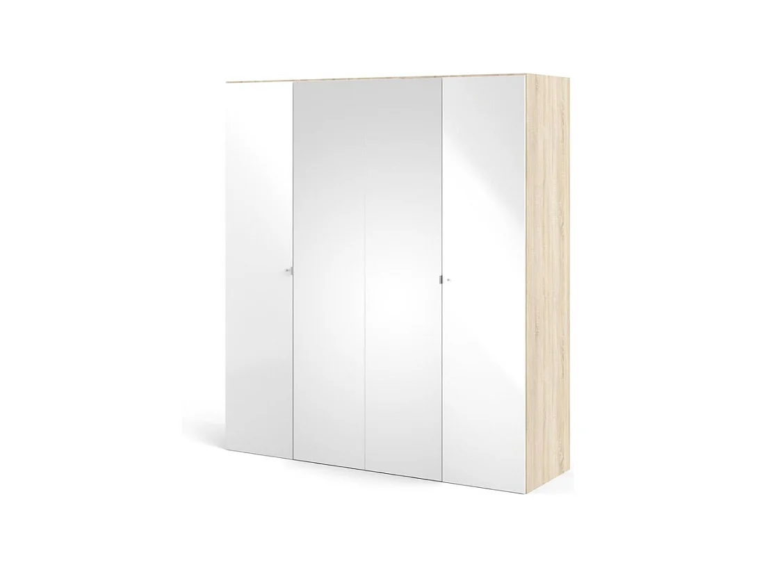Saskia Armoire 2 portes, 2 portes miroirs, finition chêne structuré, blanc brillant.