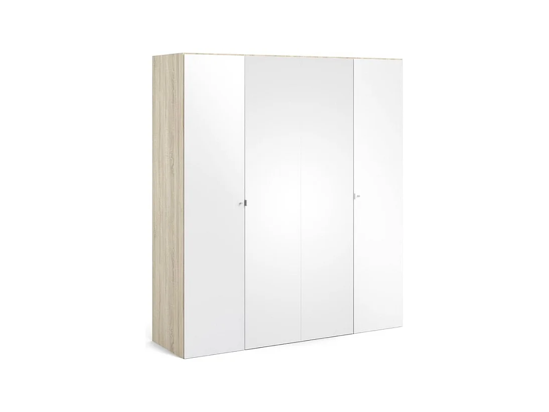Saskia Armoire 2 portes, 2 portes miroirs, finition chêne structuré, blanc brillant.