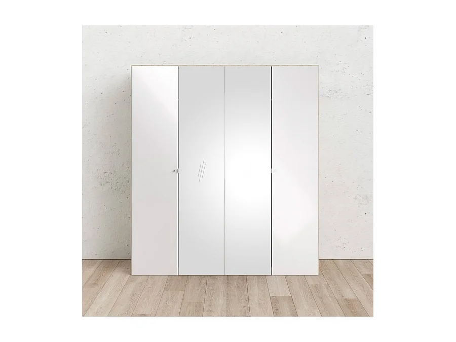 Saskia Armoire 2 portes, 2 portes miroirs, finition chêne structuré, blanc brillant.