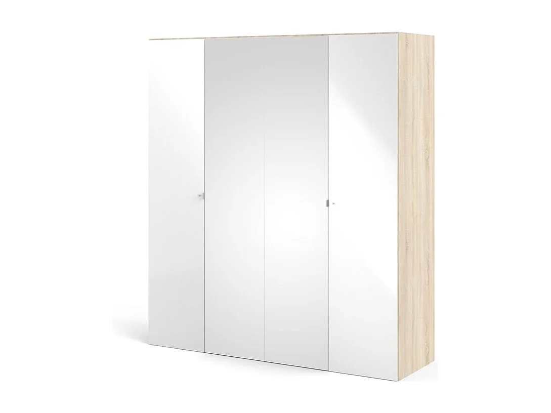 Saskia Armoire 2 portes, 2 portes miroirs, finition chêne structuré, blanc brillant.