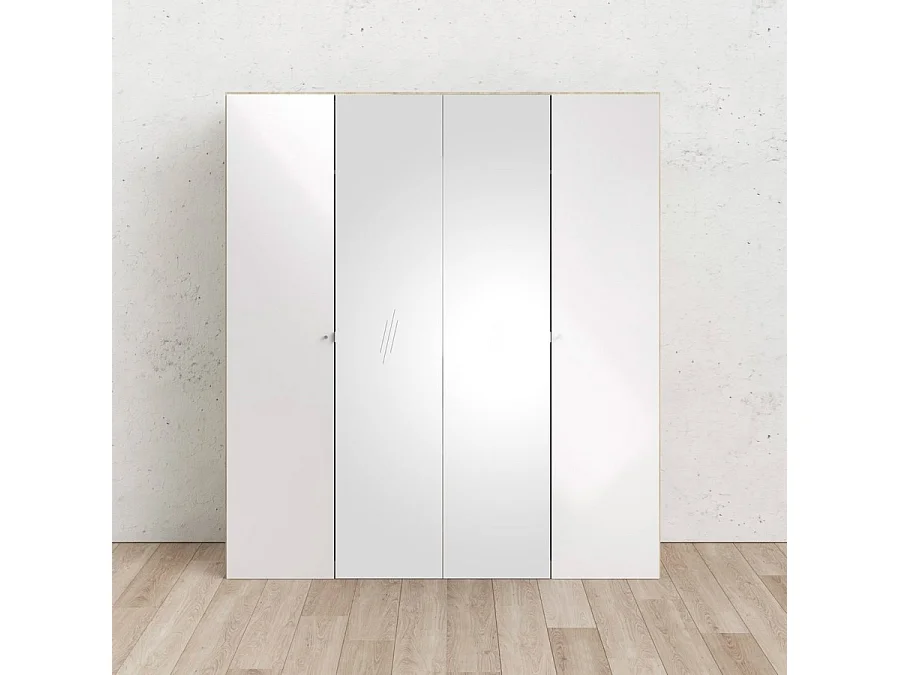 Saskia Armoire 2 portes, 2 portes miroirs, finition chêne structuré, blanc brillant.