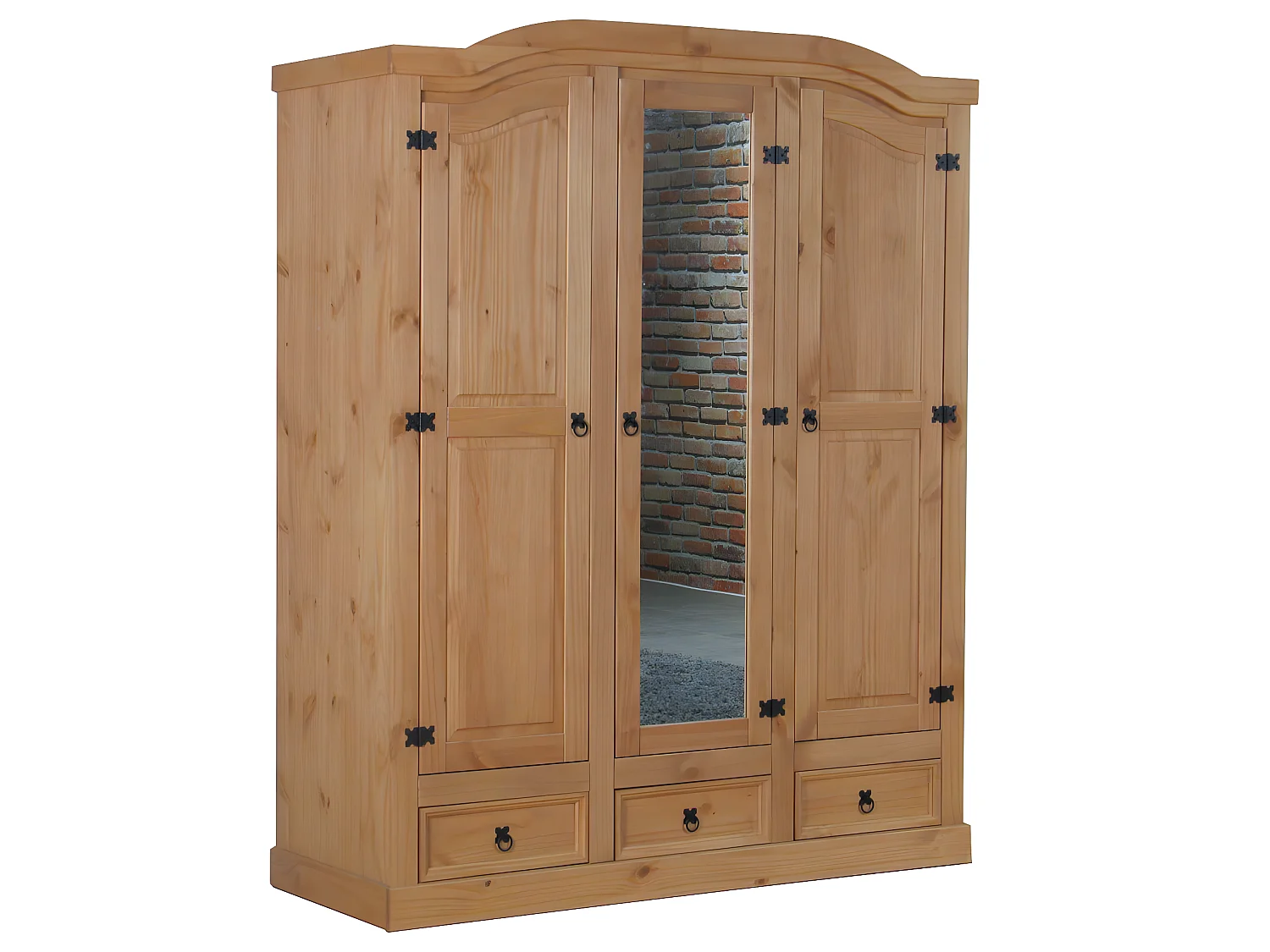 New Mexico Kleiderschrank 3 türig mit einer Spiegeltür, 2 getäfelten Türen und 3 Schubladen gelaugt, gewachst.