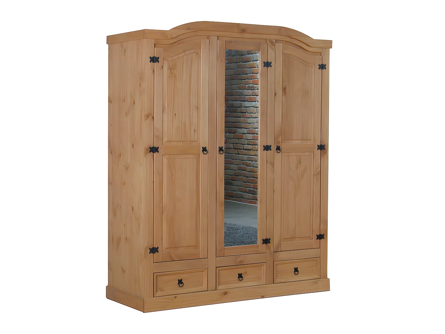 New Mexico Armoire 3 portes avec une porte miroir, 2 portes lambrissées et 3 tiroirs délavés, cirés.