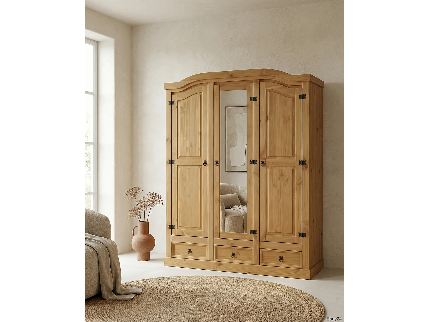 New Mexico Armoire 3 portes avec une porte miroir, 2 portes lambrissées et 3 tiroirs délavés, cirés.