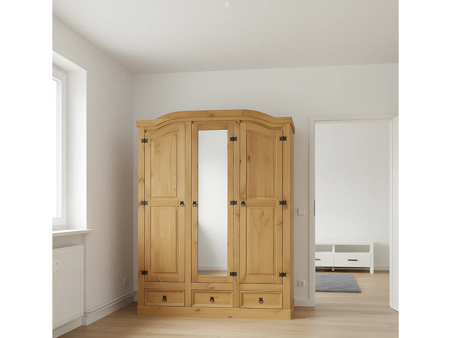 New Mexico Armoire 3 portes avec une porte miroir, 2 portes lambrissées et 3 tiroirs délavés, cirés.