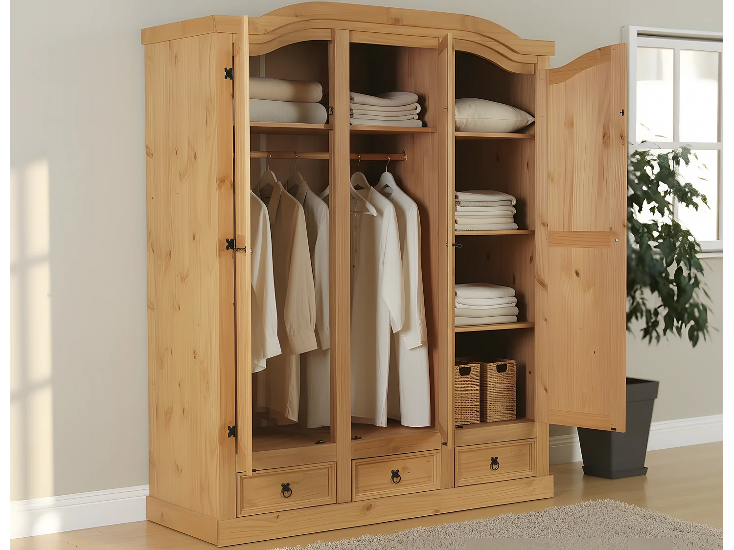 New Mexico Armoire 3 portes avec une porte miroir, 2 portes lambrissées et 3 tiroirs délavés, cirés.