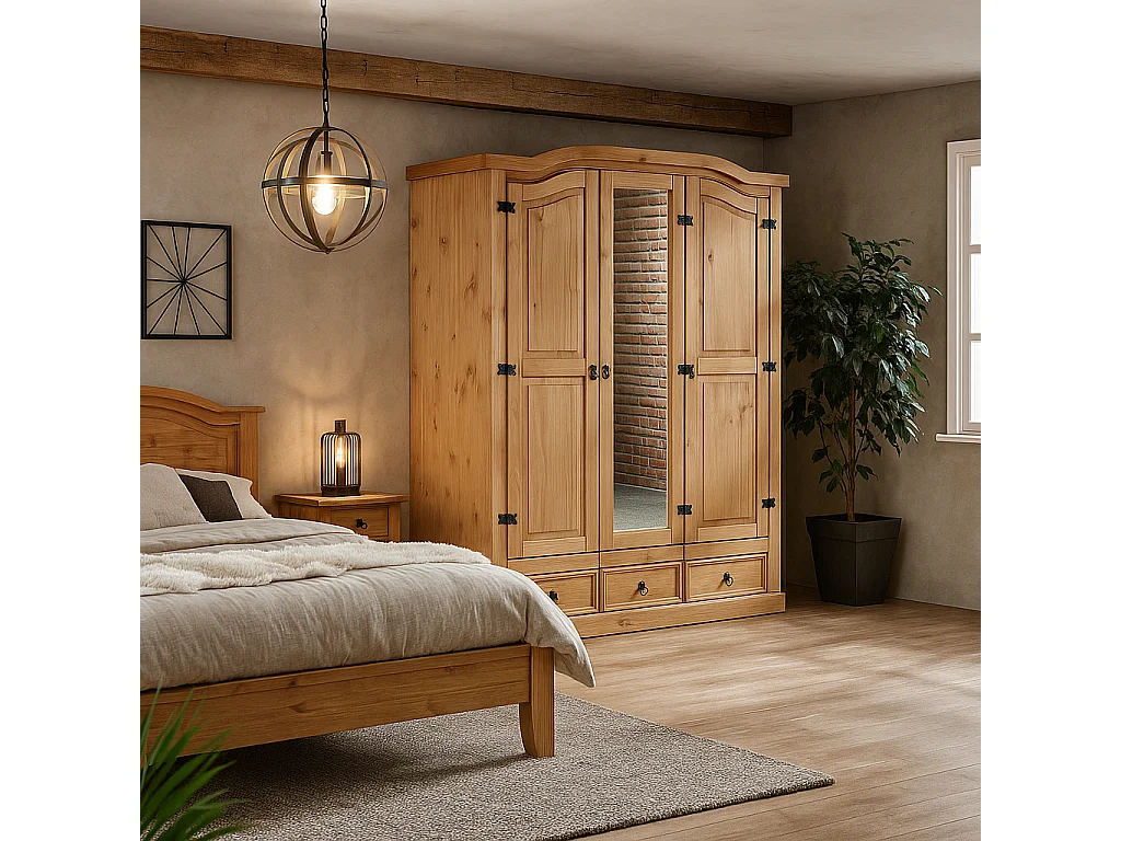 New Mexico Armoire 3 portes avec une porte miroir, 2 portes lambrissées et 3 tiroirs délavés, cirés.