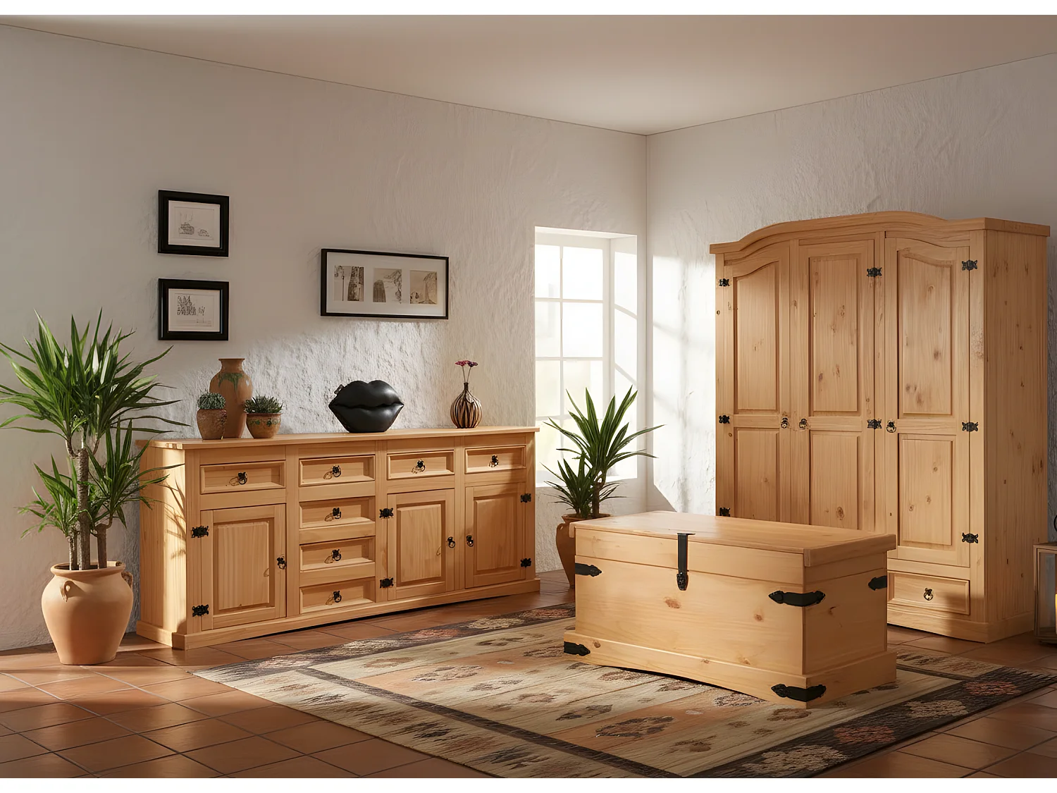 New Mexico Armoire 3 portes avec une porte miroir, 2 portes lambrissées et 3 tiroirs délavés, cirés.