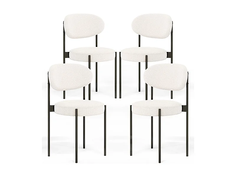 Lot de 4 - Chaise de salle à manger en bouclette fausse fourrure Tapissée - Boucles Blanches - Métal noir - Margot Blanc
