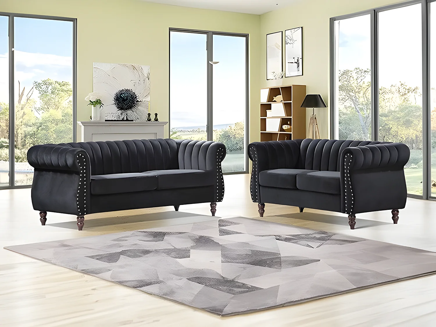 Chesterfield-Sofagarnitur - 3-Sitzer & 2-Sitzer - Samt - Schwarz - TRUMBO