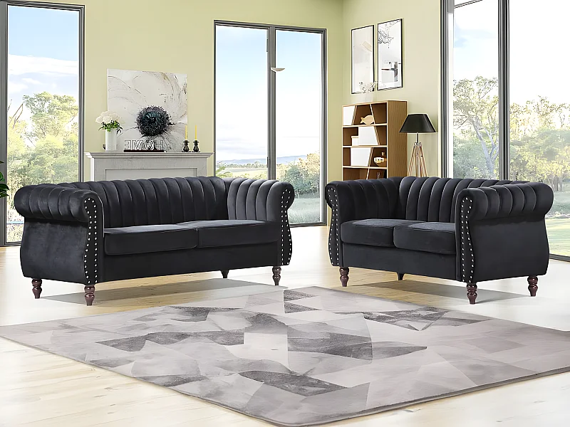 Chesterfield sammetssoffor: 3-sits och 2-sits i svart sammet TRUMBO