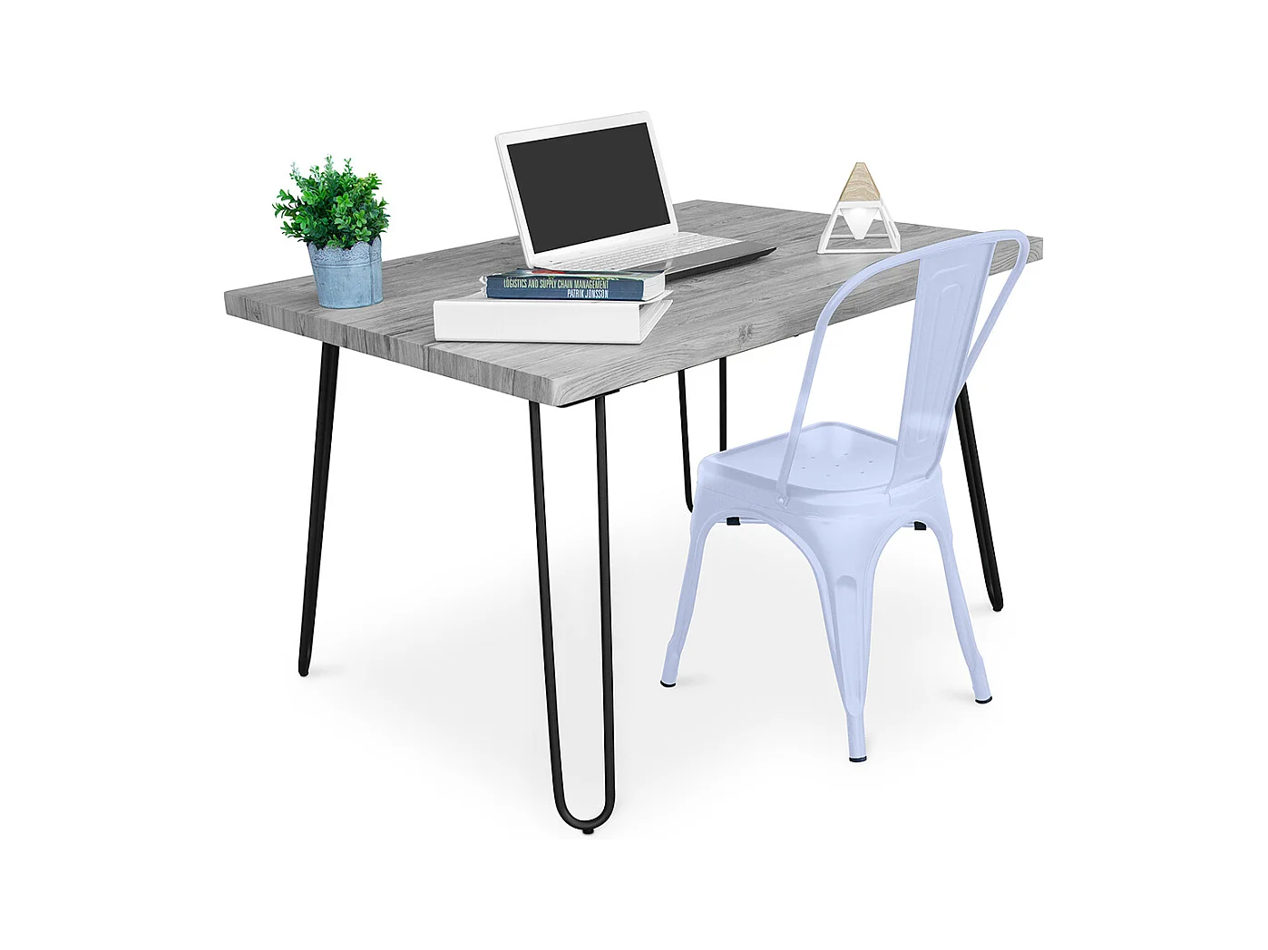 Ensemble de Bureau - Design Industriel 120cm - Hairpin + Chaise de Salle à Manger - Stylix Bleu gris