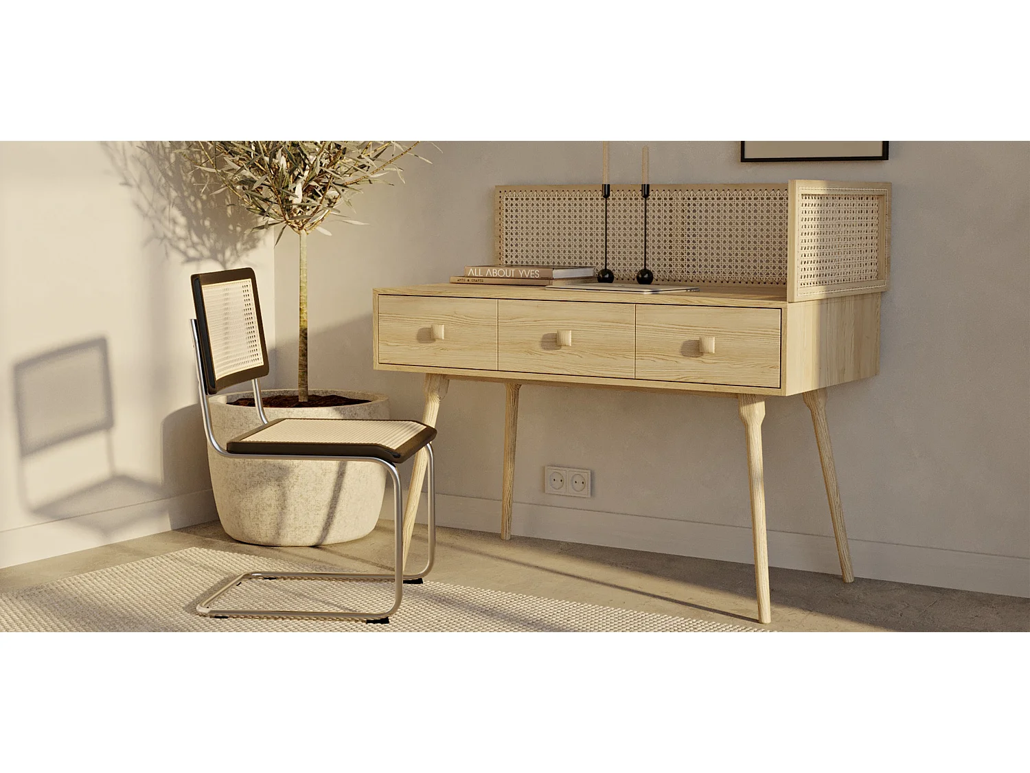 Bureau style Cannage Design en bois naturel - Oka Bois naturel